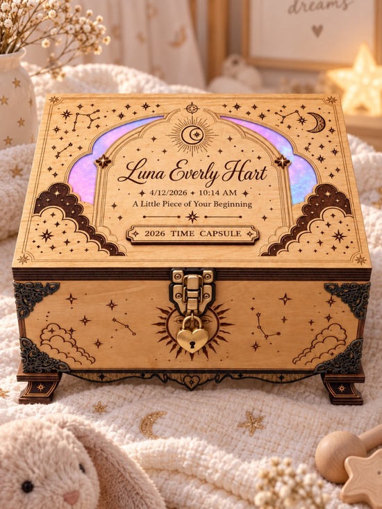 SoulMadeMundi Other - Personalized Baby Time Capsule Box, Celestial Basswood Keepsake Chest with Heart